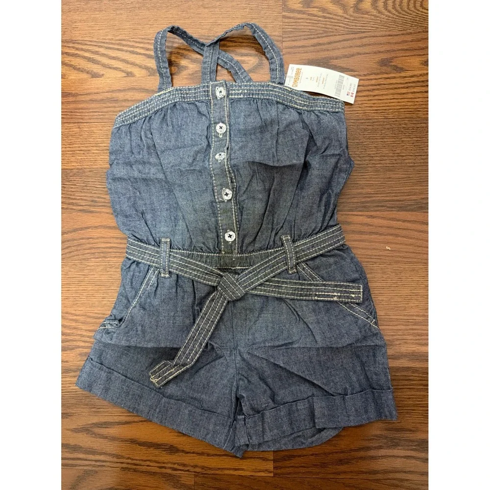 Gymboree Girls Denim Romper Blue Cotton Chambray Button Front Size 5 NWT